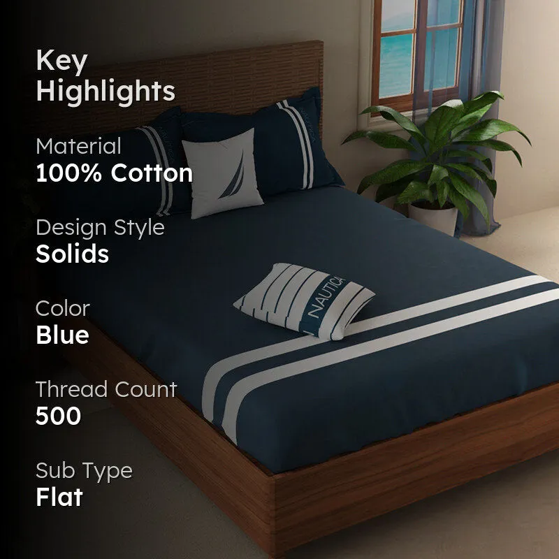 Nautica Dune Line Cotton Bedsheet (White & Navy Blue (500 TC) - 500 TC media 2