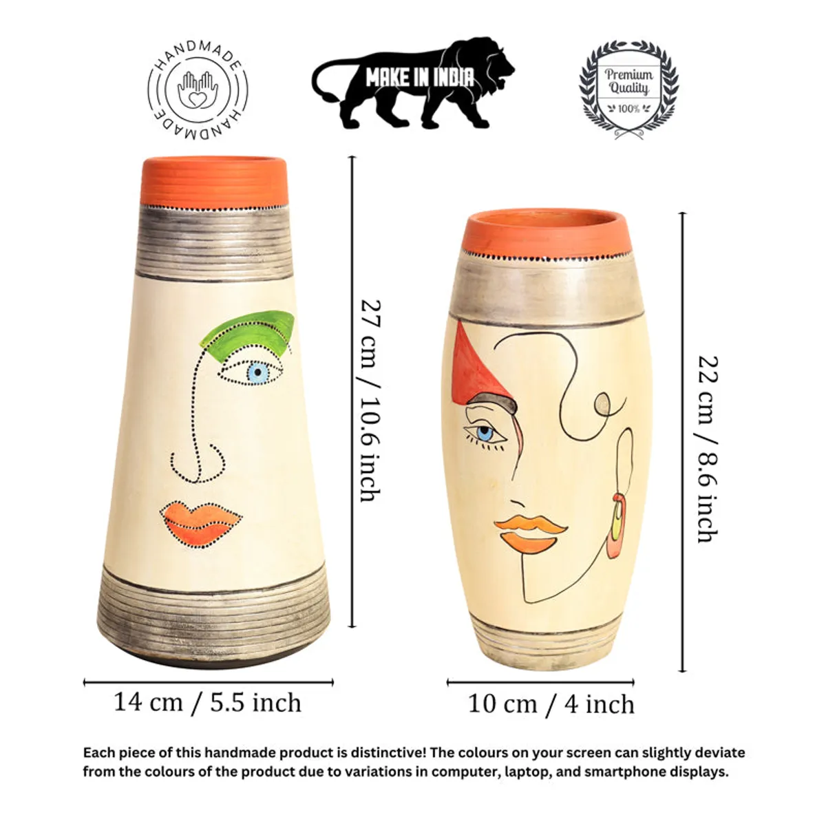 Two face-design vases shown with printed size graphics on a white background