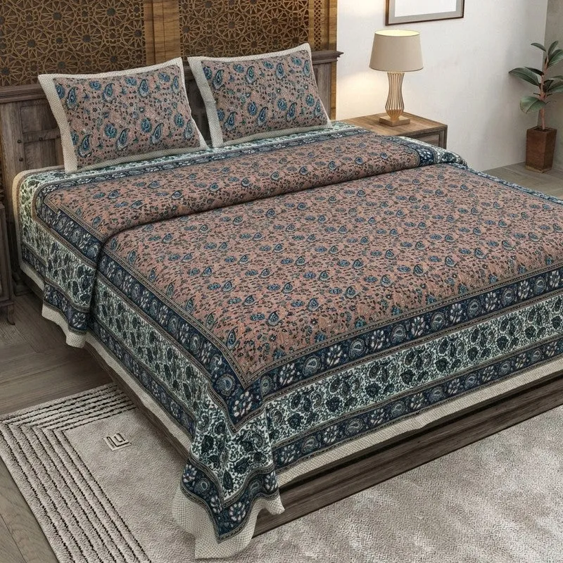 Floraus Cotton Bedsheet (Brown,Blue) - 240 TC media 1