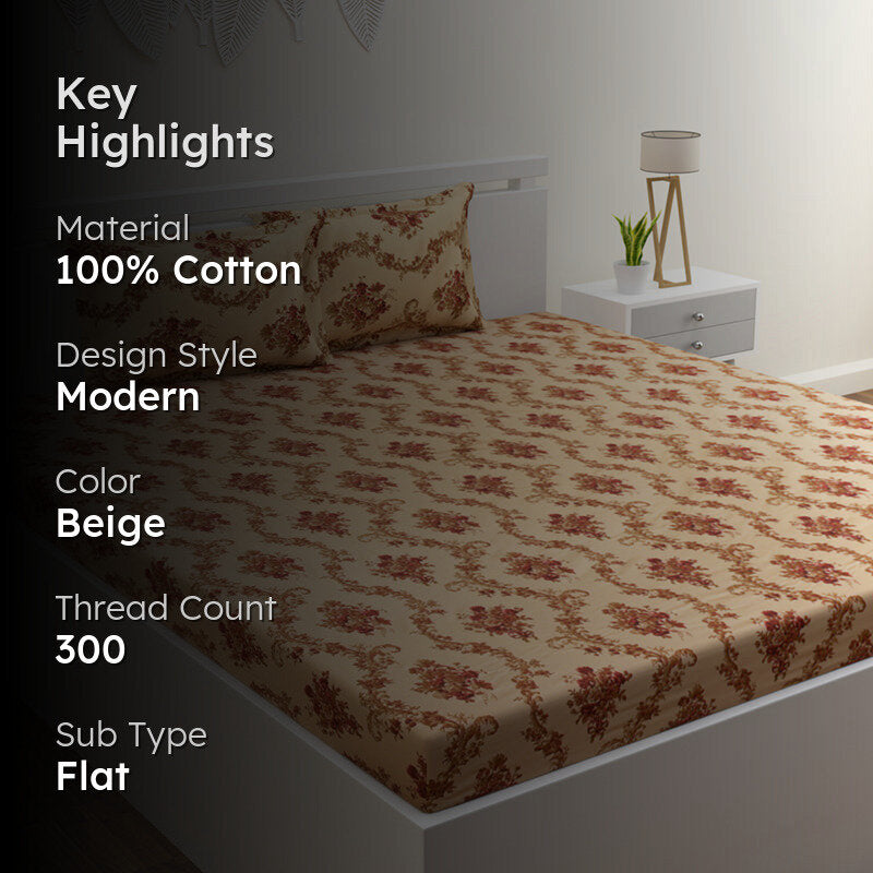 Kaureena Printed Cotton Bedsheet (Beige,Brown) - 300 TC media 2