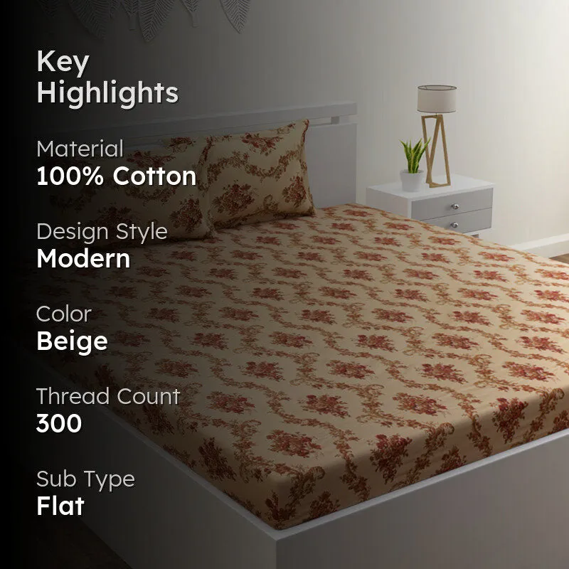 Kaureena Printed Cotton Bedsheet (Beige,Brown) - 300 TC media 2