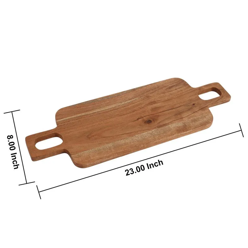 Brown wooden chopping board shown with its long and wide proportions