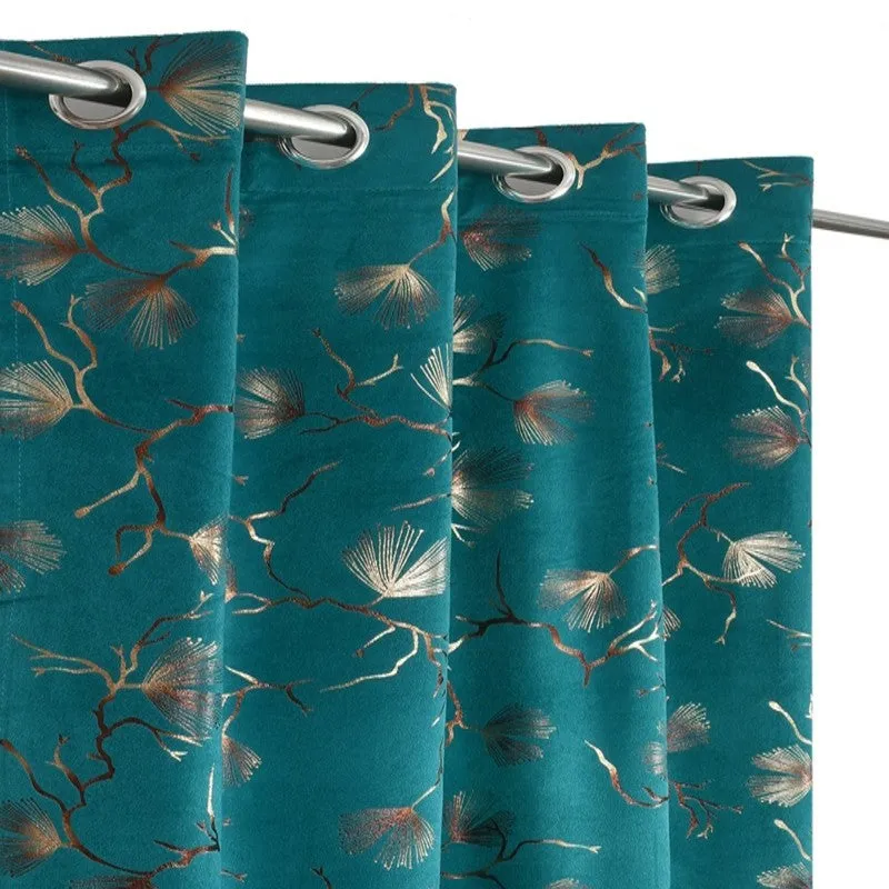 Soft Edge Printed Velvet Curtain - Teal,Gold media 3