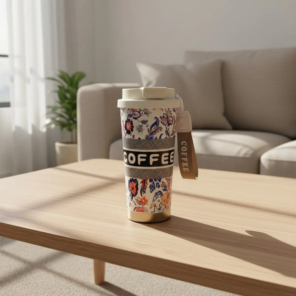 Floral coffee tumbler standing on a wooden table in a living room