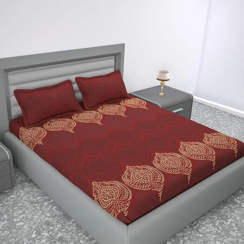 Folk Flair Ethnic Cotton Bedsheet (Maroon) - 144 TC media 1