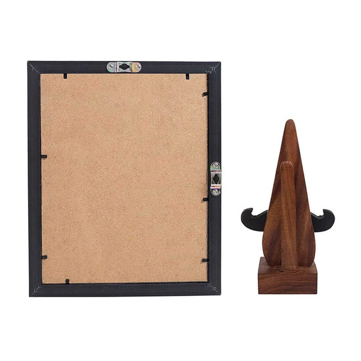 Rear view showing the black photo frame and wooden spectacle holder