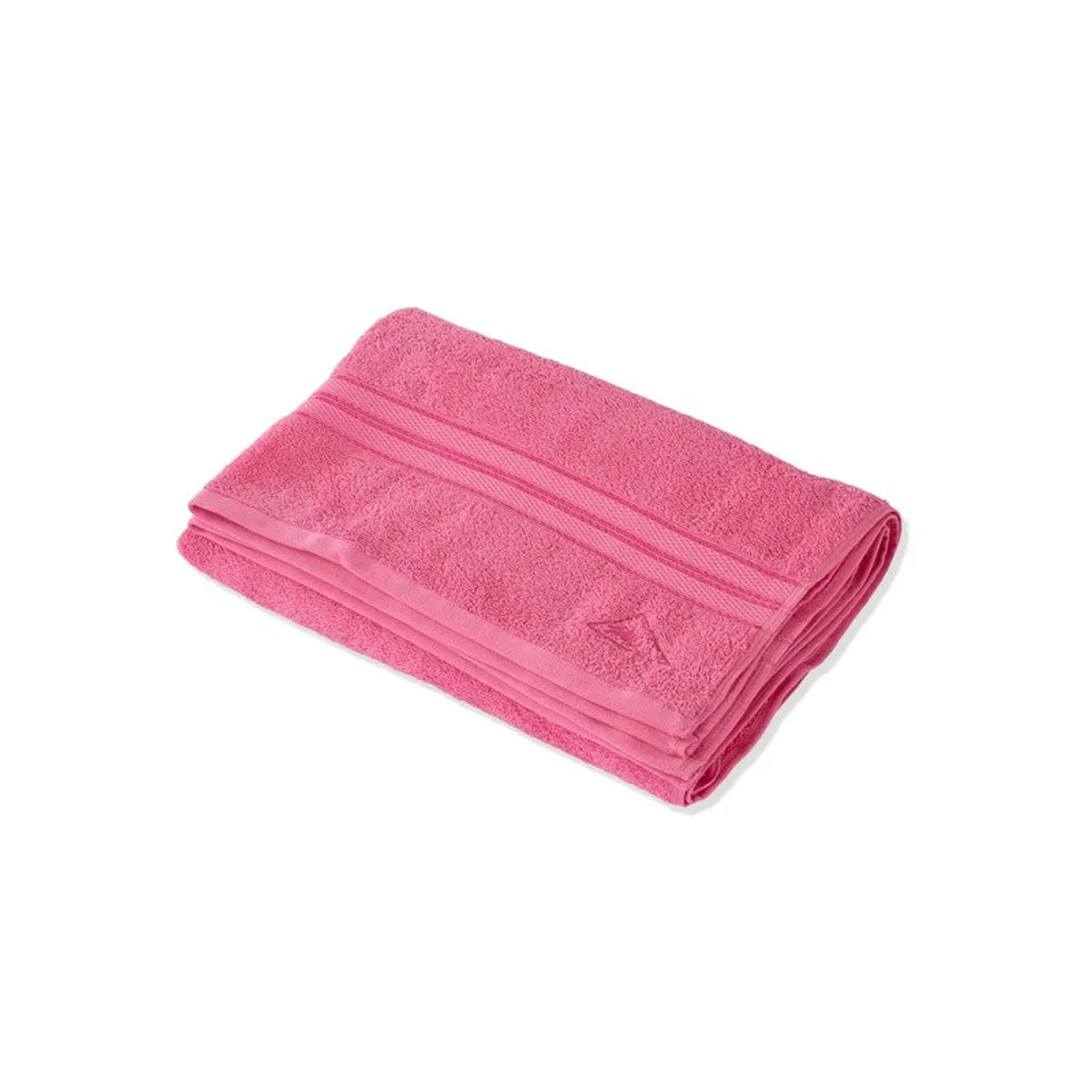 Folded pink bath towel shown against a white background