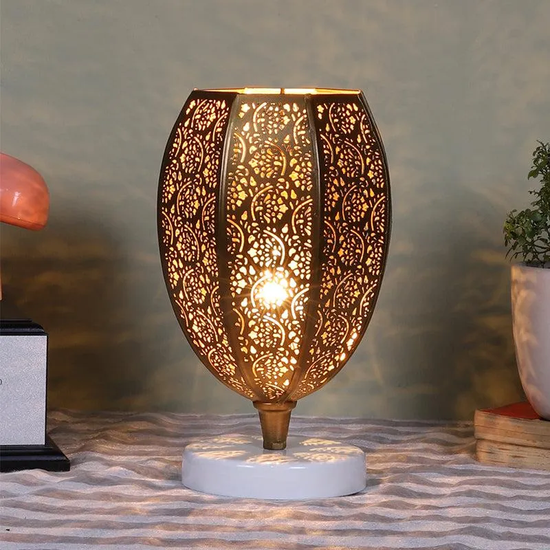Mehela Etched Metal Table Lamp With White Round Base - Gold media 1