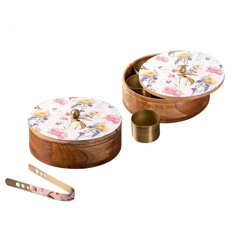 Opulia Teak Wood Round Masala Box - Three Piece Set media 7