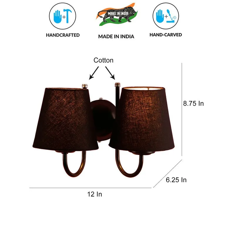Black twin-shade wall lamp with cotton shade callout