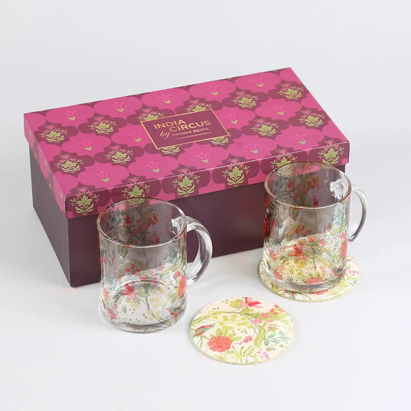 India Circus Vine Blooms Glass Mug With Coaster (325 mL Each) - Four Piece Set media 4