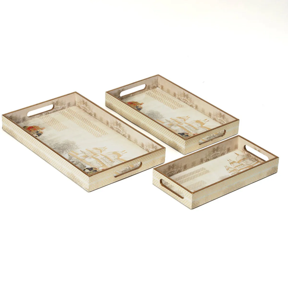 Three ivory rectangular trays displayed together, showing their raised edges and cut-out handles