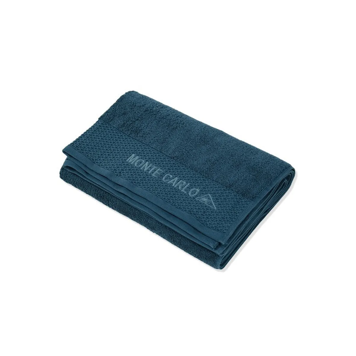 Folded blue bath towel displayed on a clean white background