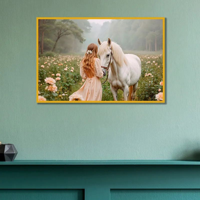 Girl & Horse Cotton Canvas Wall Art with Gold Frame media 1