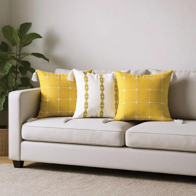 Urban Space Embroidered White,Yellow Cotton Cushion Cover Set -  Set of Three media 1