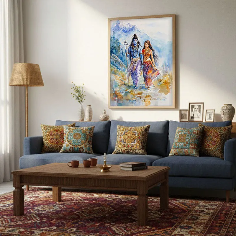 Gangadhara Parvati Spiritual Archival Paper Wall Painting - Natural Brown Frame media 4