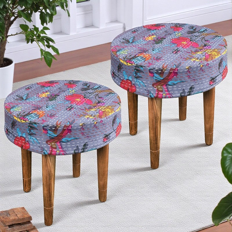 Navro Sheesham Wooden Stools (Grey) - Set Of Two