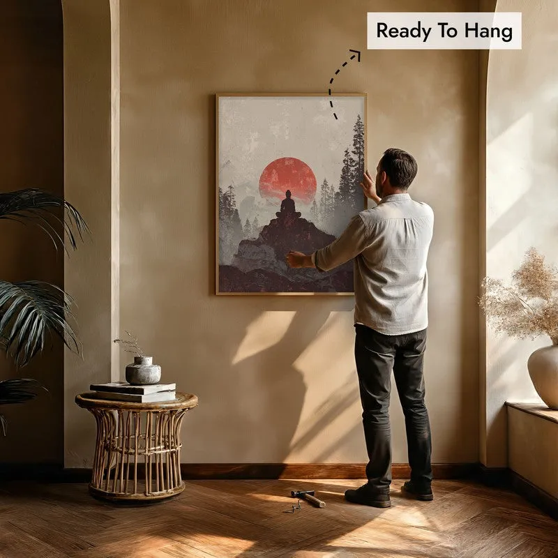 Crimson Sun III Over Silent Peaks Wall Painting With Brown Frame media 5