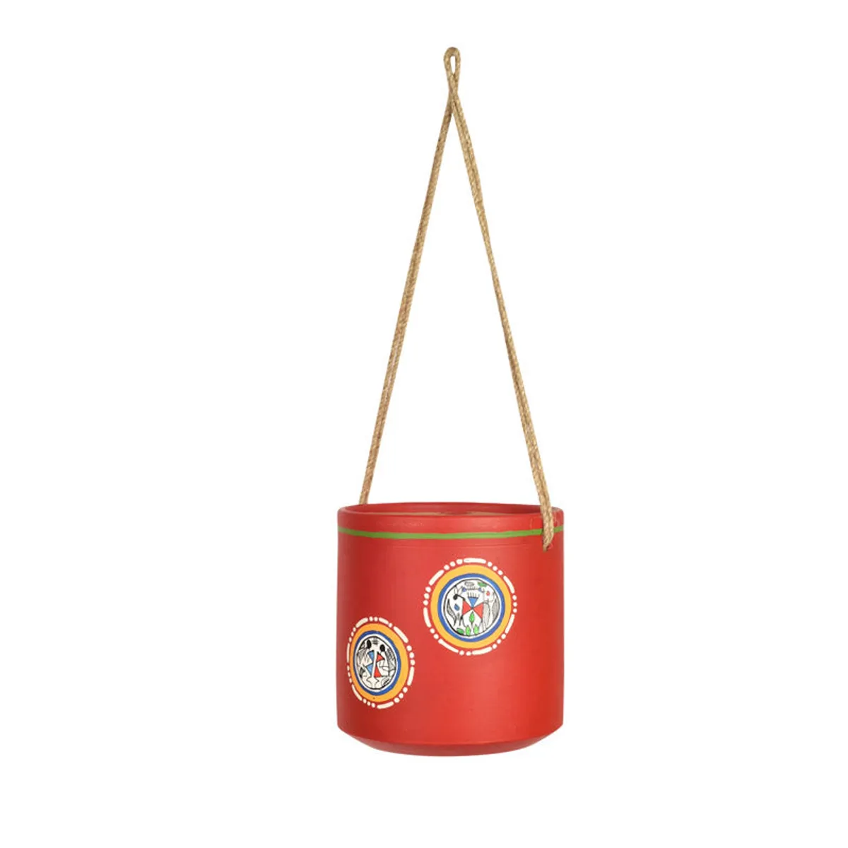 Angled view of a red hanging planter with colourful motifs and rope suspension
