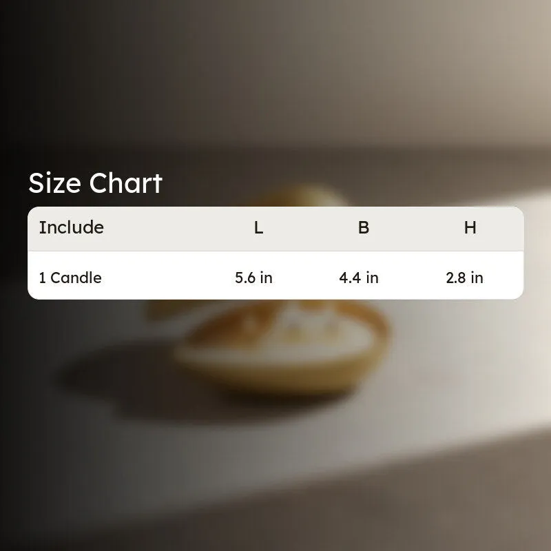 Golden almond-shaped candle shown with its length, width and height