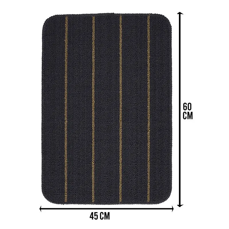 Navy striped kitchen mat shown with rounded corners