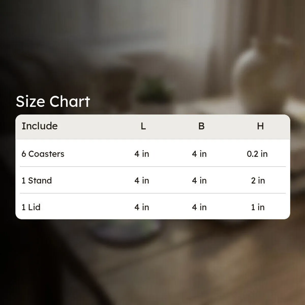 Size chart graphic for the coaster set over a softly blurred room background