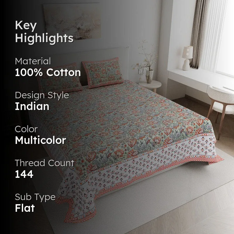 BlossomAura Cotton Bedsheet (Peach) - 144 TC media 2