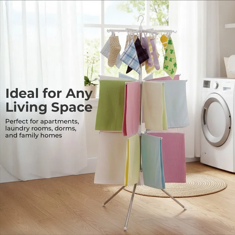 White hanging drying rack with cloths beside a washing machine