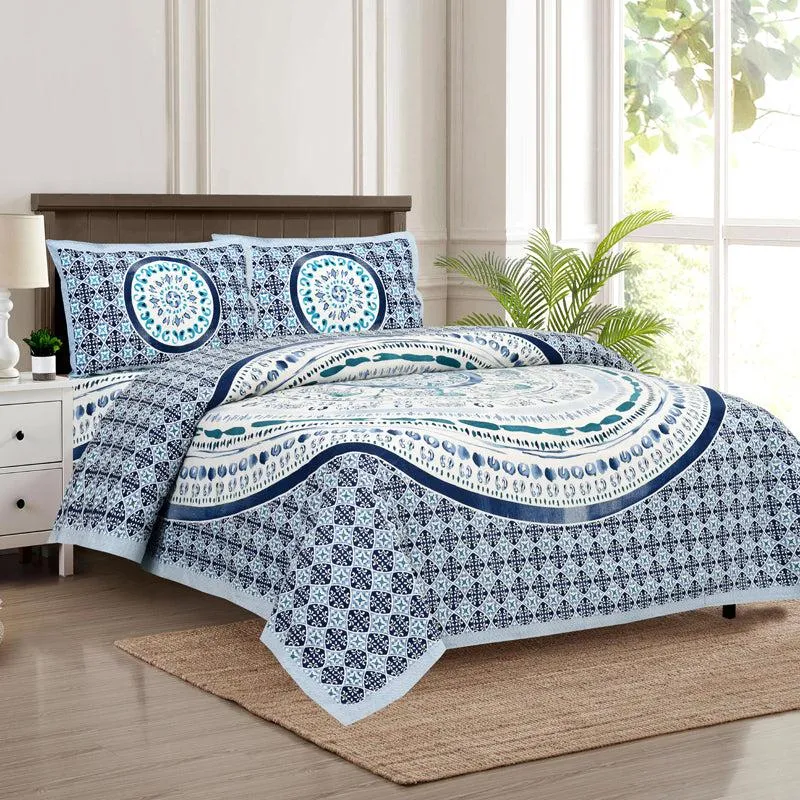 Mekhala Ethnic Cotton Flat Bedsheet (White & Blue) - 160 TC media 7