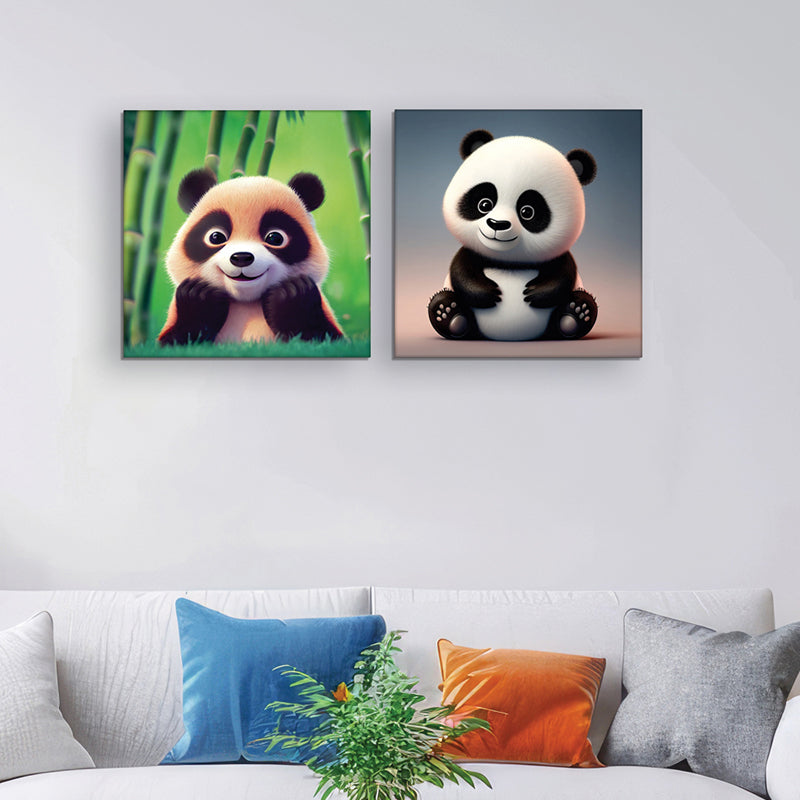 Whimsical Panda Canvas Wall Painting - Set Of Two
