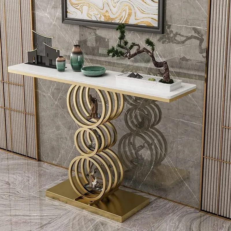 Triple Ring Metal Console Table with Marble Top - Large media 1