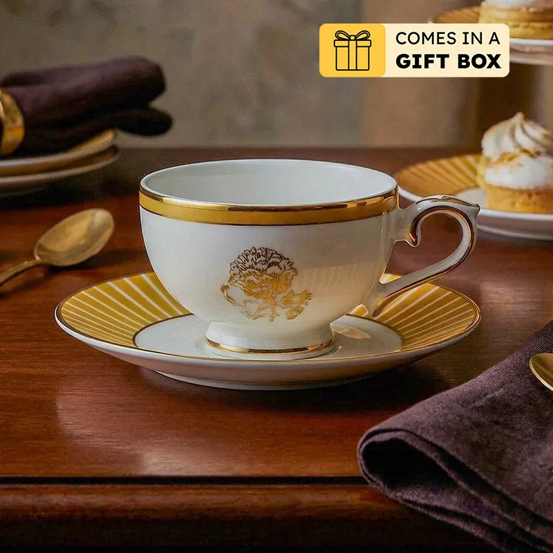 Gilded Iris 24k Gold Brushed Porcelain Tea Cup & Saucer (280 mL) - Set of Six media 1