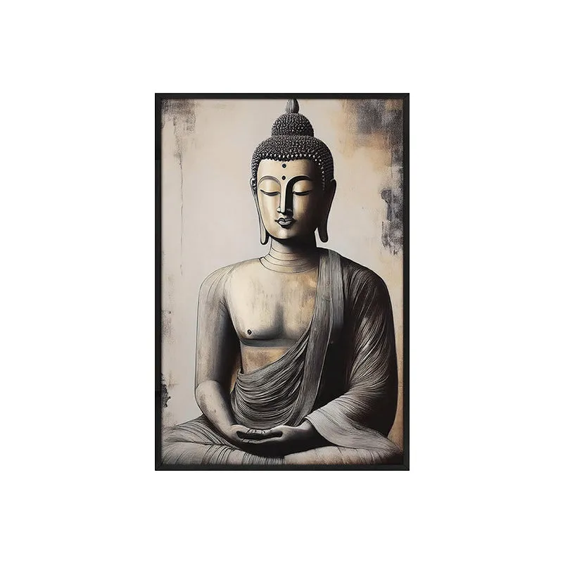 Front view of a framed meditation wall painting on a white background