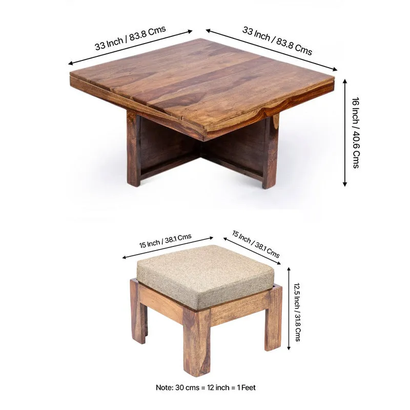 Evrino Sheesham Wooden Center Table with Stools and Cushions (Brown) - Nine Piece Set media 10