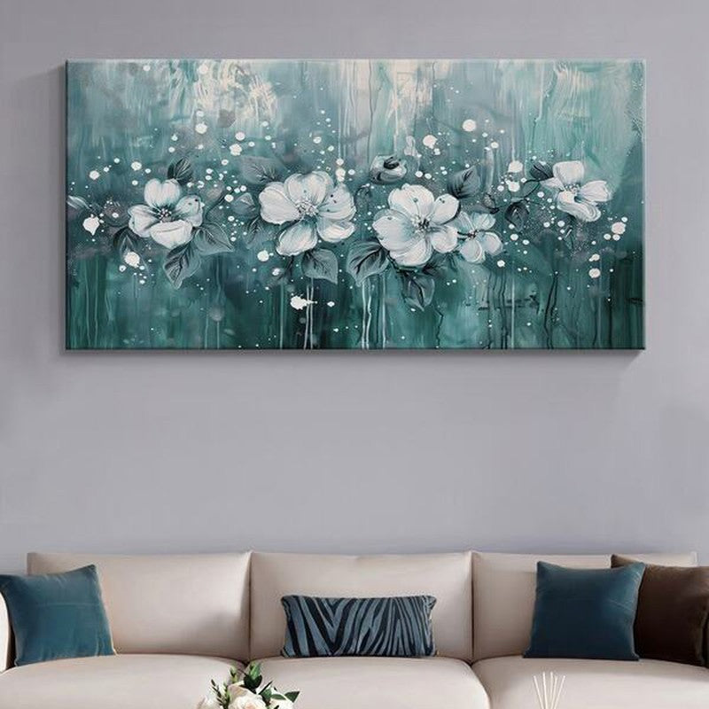 Teal and White Botanical Wall Painting