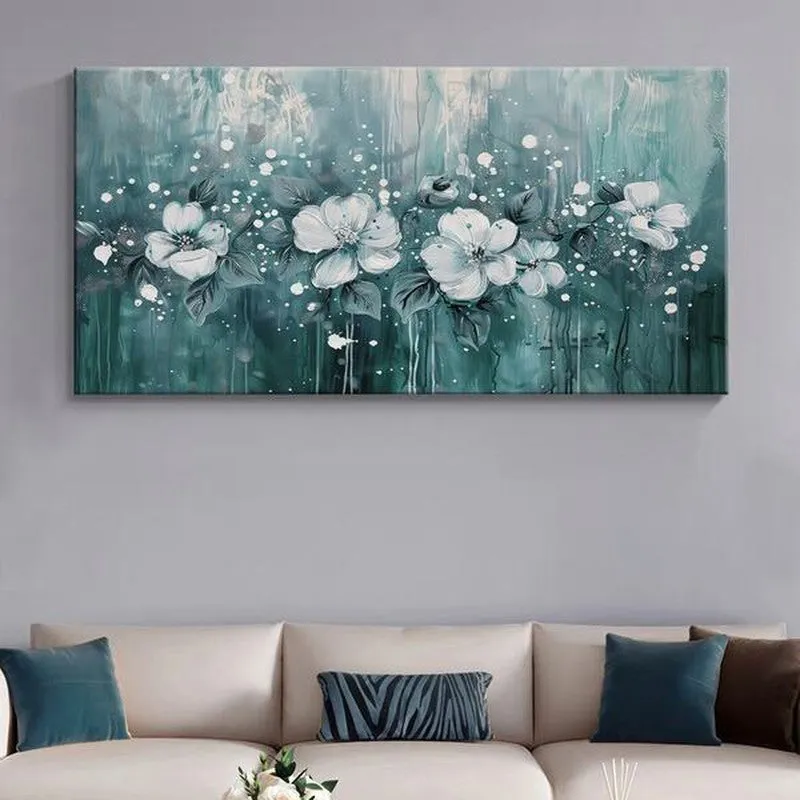 Teal and White Botanical Wall Painting media 1