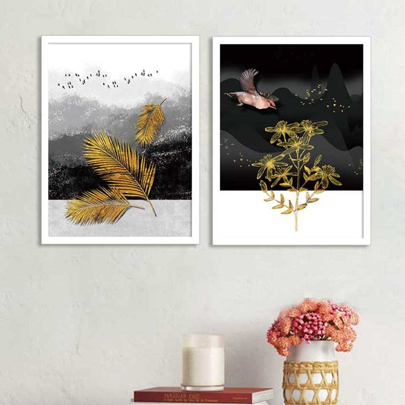 Nature Glide Paper Wall Painting With MDF Frame (White) - Set Of Two