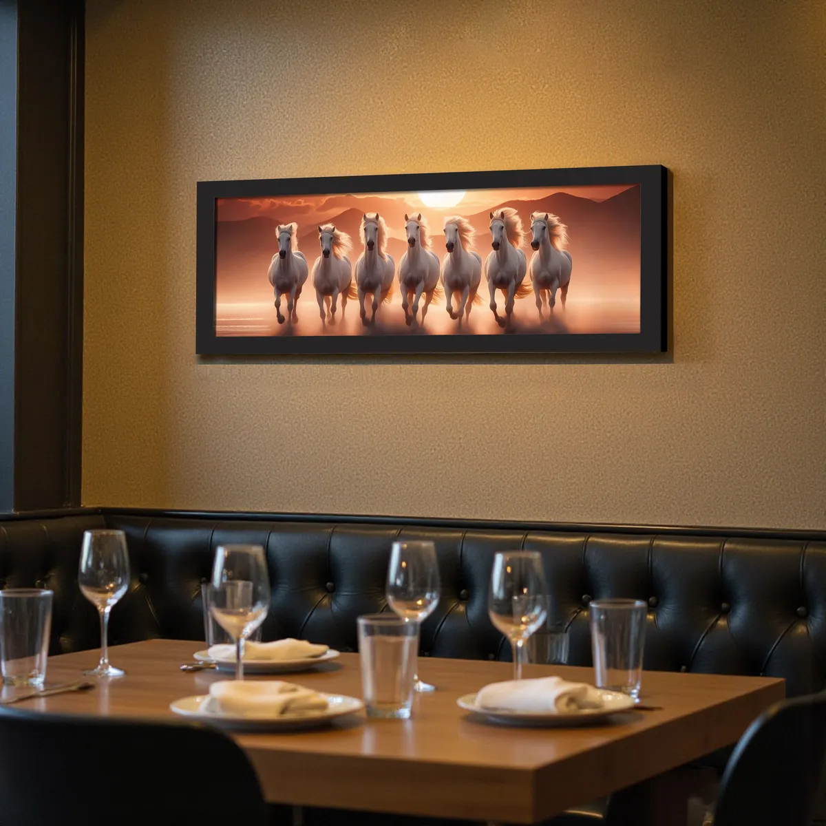 Framed horse wall painting displayed on a restaurant wall