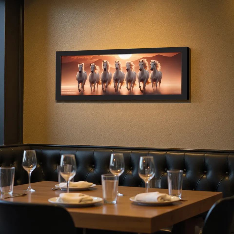 Framed horse wall painting displayed on a restaurant wall