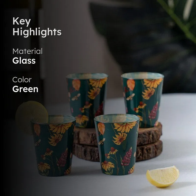 Four green floral shot glasses with highlighted material and colour text overlay