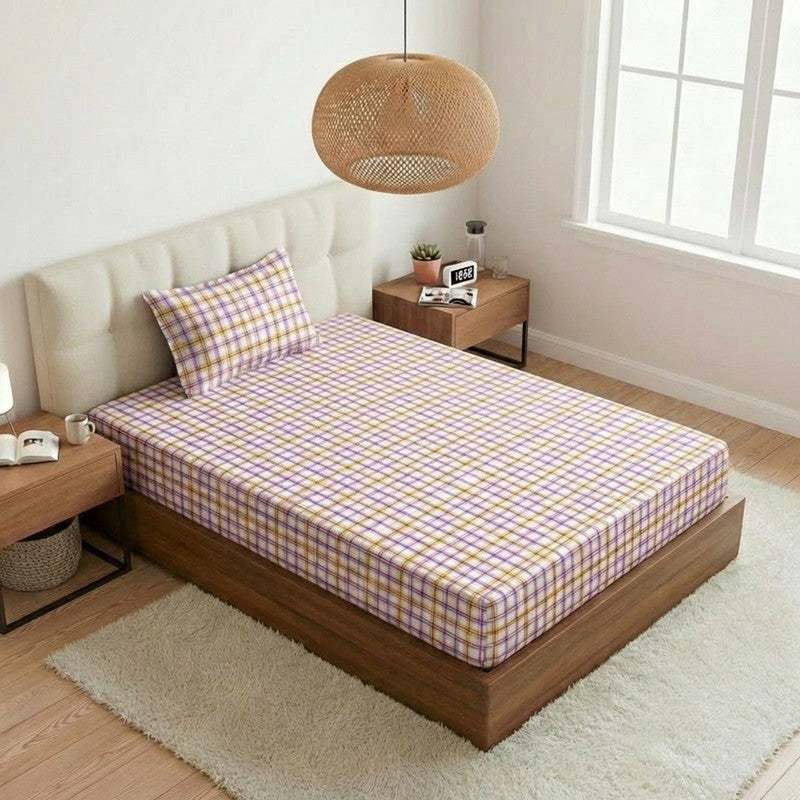 Mizomeen Checkered Printed Cotton Bedsheet (Purple) - 200 TC media 8