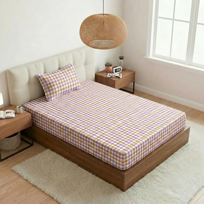 Mizomeen Checkered Printed Cotton Bedsheet (Purple) - 200 TC media 8