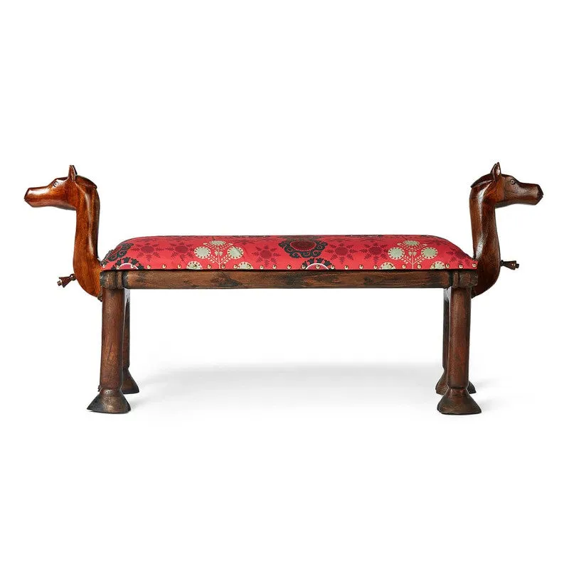 India Circus Acacia Wood Raceme Rosettes Wooden Camel Bench media 4