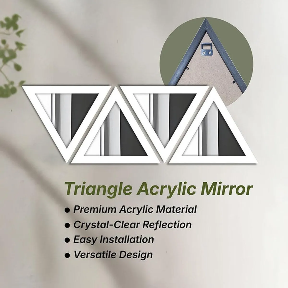 Four triangular mirrors with close-up of wall hook on the back