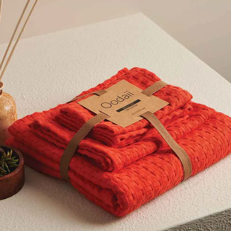Haimi Textured Waffle Towel Combo (Orange) - Four Piece Set media 5
