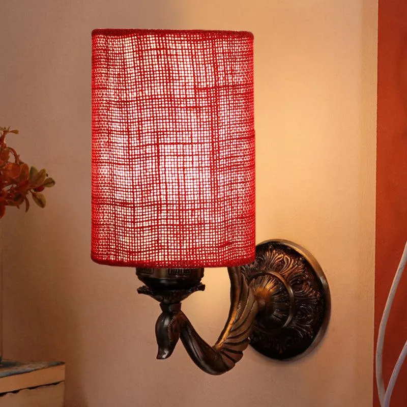 Amro Retro Cylindrical Fabric & Metal Wall Lamp - Maroon media 1