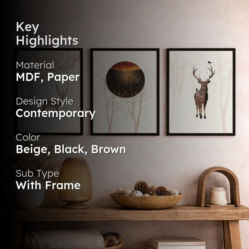 Deerland Paper Wall Painting With MDF Frame (Black) - Set Of Three media 2