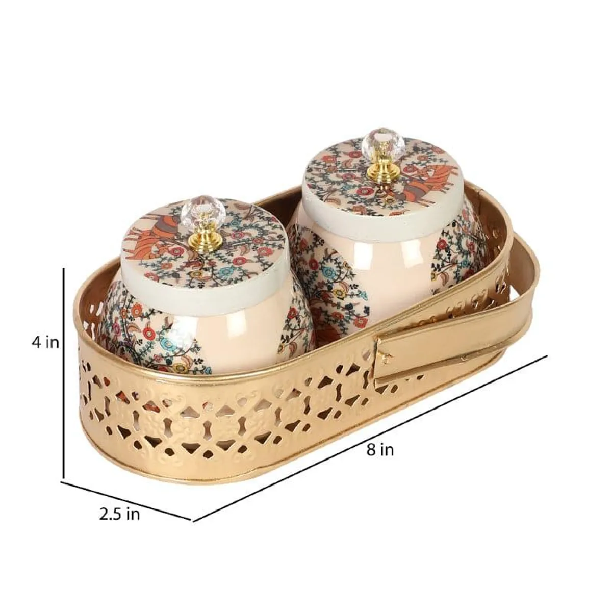Two patterned beige jars arranged in a gold cut-out basket