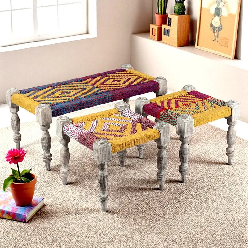 Fuvon Sheesham Wooden Bench with Stools (Multicolor) - Three Piece Set media 1