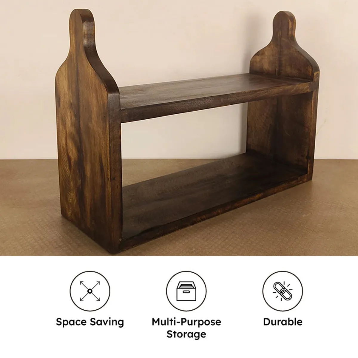 Brown wooden two-tier kitchen stand with highlight icons below